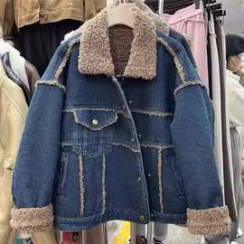 气质感复古毛边皮毛一体羊羔毛外套女秋冬加绒加厚新款牛仔服