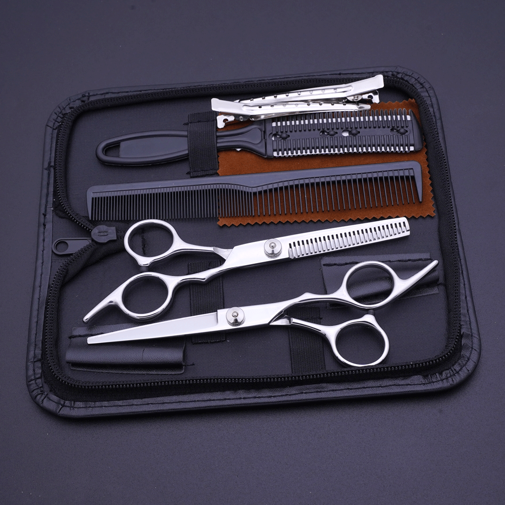 Venta directa de fábrica de tijeras de corte de pelo de acero inoxidable, tijeras para el cabello, tijeras planas profesionales, tijeras de dientes, juego de tijeras de fleja fina