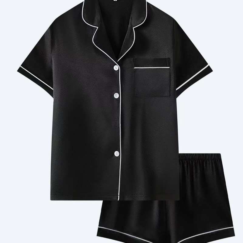 跨境外贸Nightwear简约气质百搭女舒适短袖衬衫家居服短裤套装|undefined