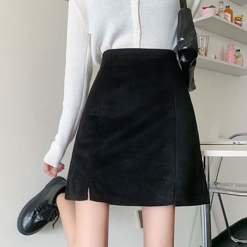 GraceChic GraceChic GraceChic 2023 Autumn Winter High Waist Split Suede Velvet Midi Plus Size Slimming A-line Bodycon Versatile Black Short Skirt_voghion.com