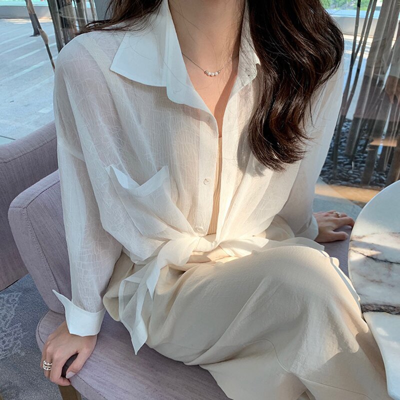 夏装新款韩版百搭大码纯色衬衫女长袖上衣宽松薄款防晒衬衣潮_米