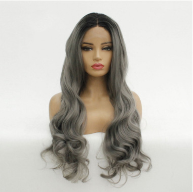 Europa y América Gradiente gris oscuro ondulado pelucas de fibra química delantera encaje cubierta de cabeza media peluca tejida a mano LW0059