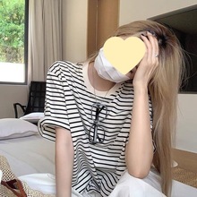 韩系条纹短袖T恤女夏季2024新款设计感小众圆领宽松显瘦半袖上