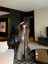 可甜可盐宽松长袖西装外套不规则格纹半身裙女2025秋季时尚套装潮