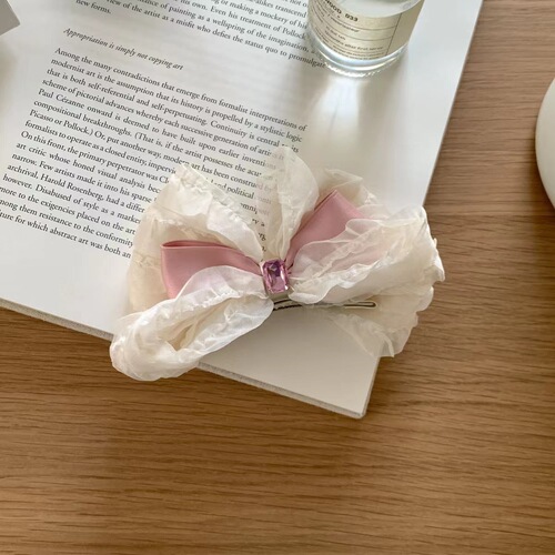New French retro beige girly style fungus-edged chiffon bow children's hair clip hair accessories steel gut hair accessories
