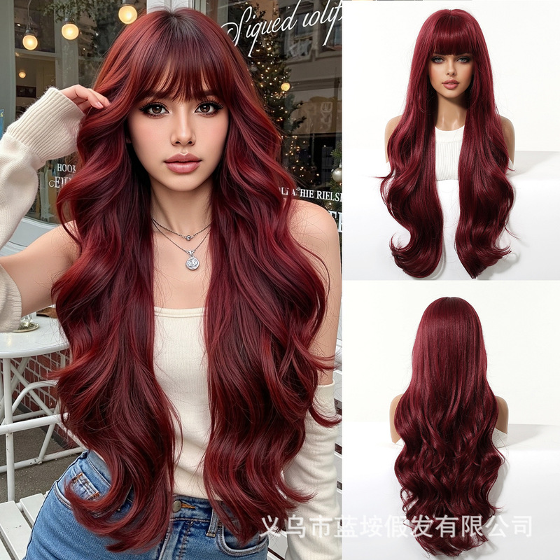 Cross-Border New Style Full Wig for Women, Burgundy Long Curly Hair, Big Waves, Natural Realistic Full Wig, in Stock