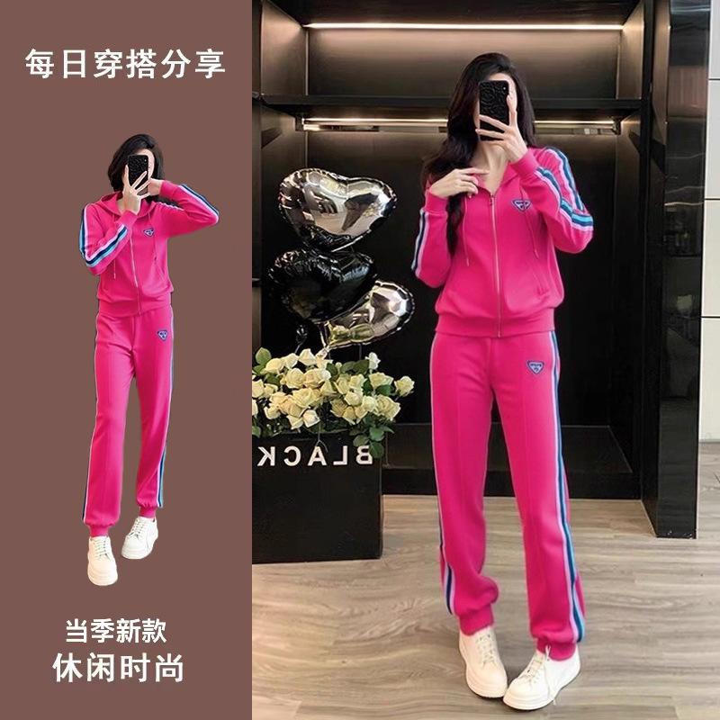 2025 Autumn Korean Style Rose Red Casual Sports Suit Women's Autumn Hooded Sweatshirt Leggings Two-Piece Trendy Set