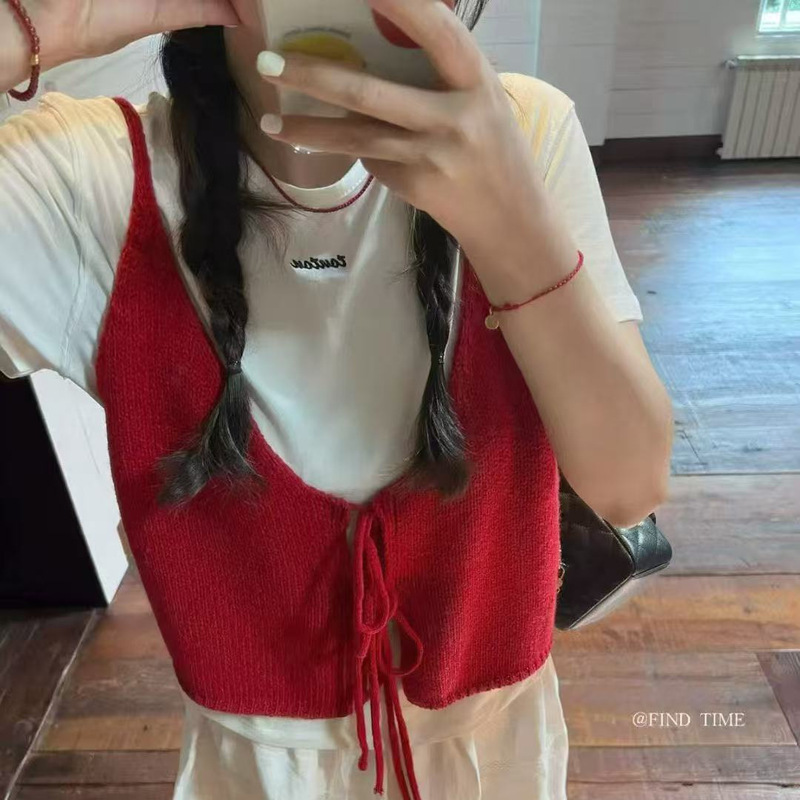 Reversible Korean-Style Double V-Neck Tie-Up Knitted Cardigan Vest for Women, 2026 Autumn Casual Camisole Outerwear Reversible Korean-Style Double V-Neck Tie-Up Knitted Cardigan Vest for Women, 2026 Autumn Casual Camisole Outerwear