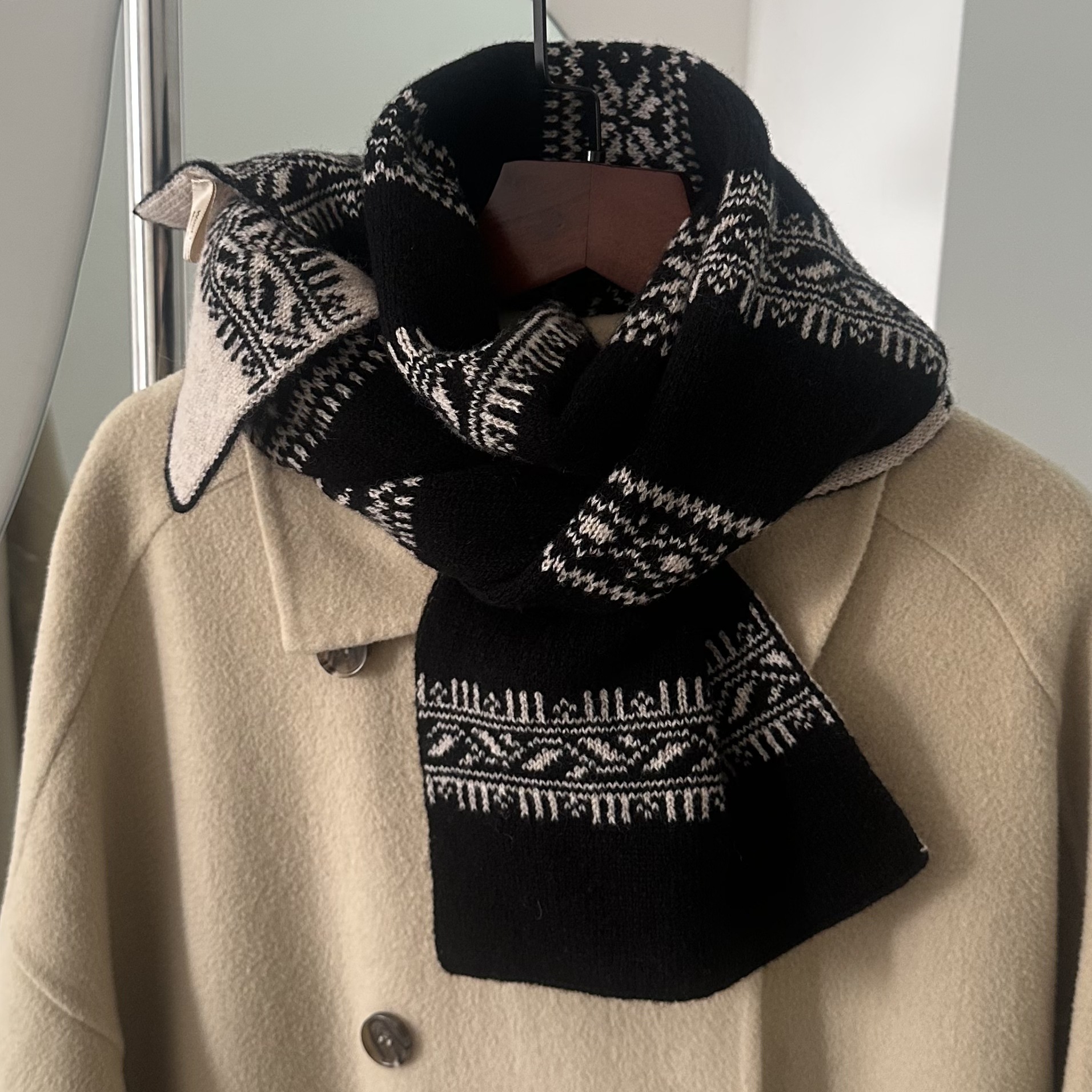100% Wool Fair Isle Knitted Color-Blocked Double-Sided Scarf for Women Winter Cashmere Versatile Snowflake Pure Wool Couple Scarf