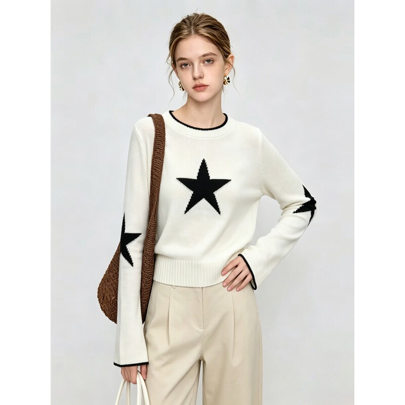 Simple and stylish star-patterned jacquard long-sleeve knit top for women, early autumn style, versatile with slightly flared sleeves, soft and cozy outerwear sweater Simple and stylish star-patterned jacquard long-sleeve knit top for women, early autumn style, versatile with slightly flared sleeves, soft and cozy outerwear sweater