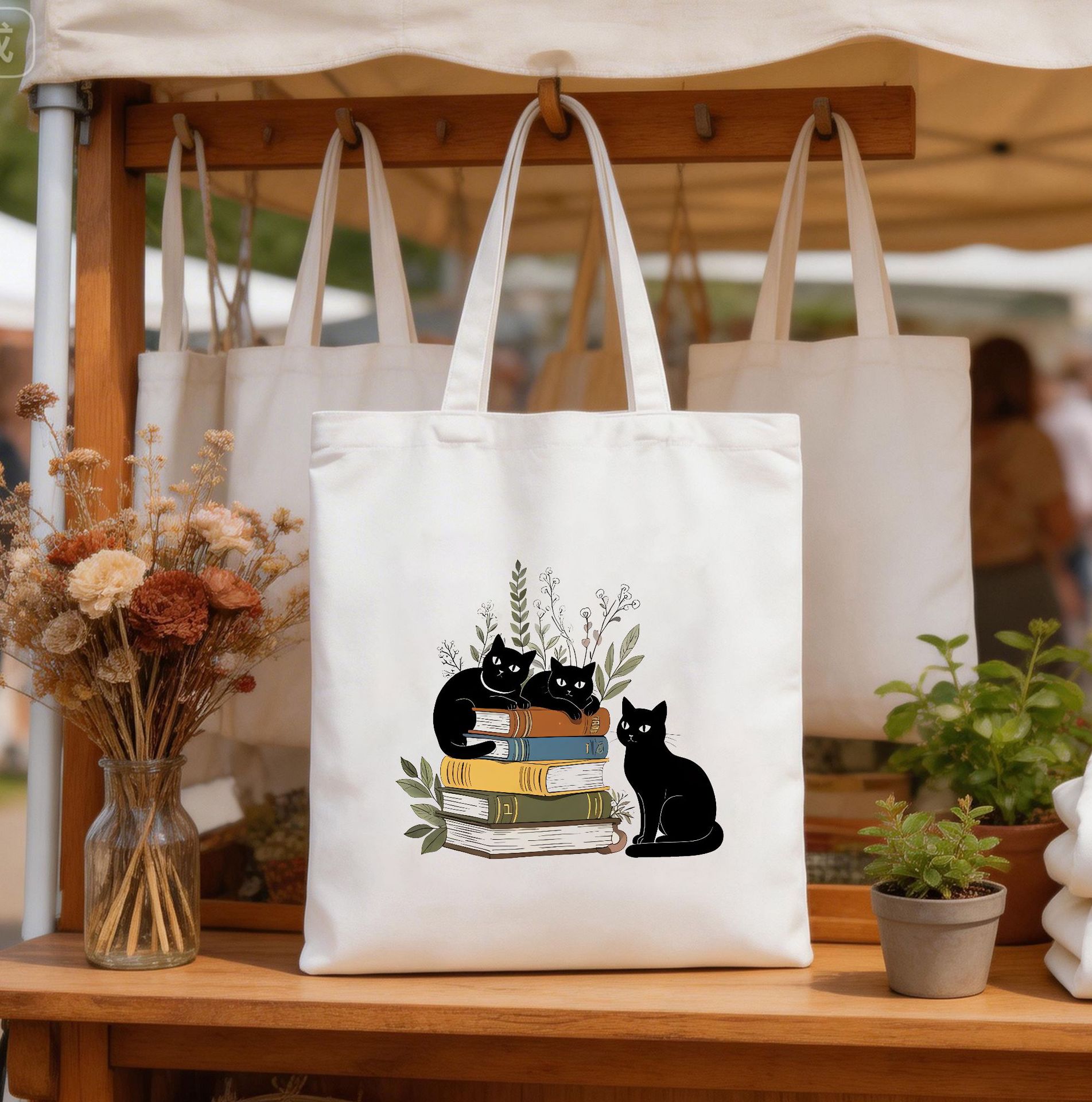 Cute gato impresa bolsa de lona para mujeres de gran capacidad estudiantes bolsa de hombro bolsa de lona al por mayor