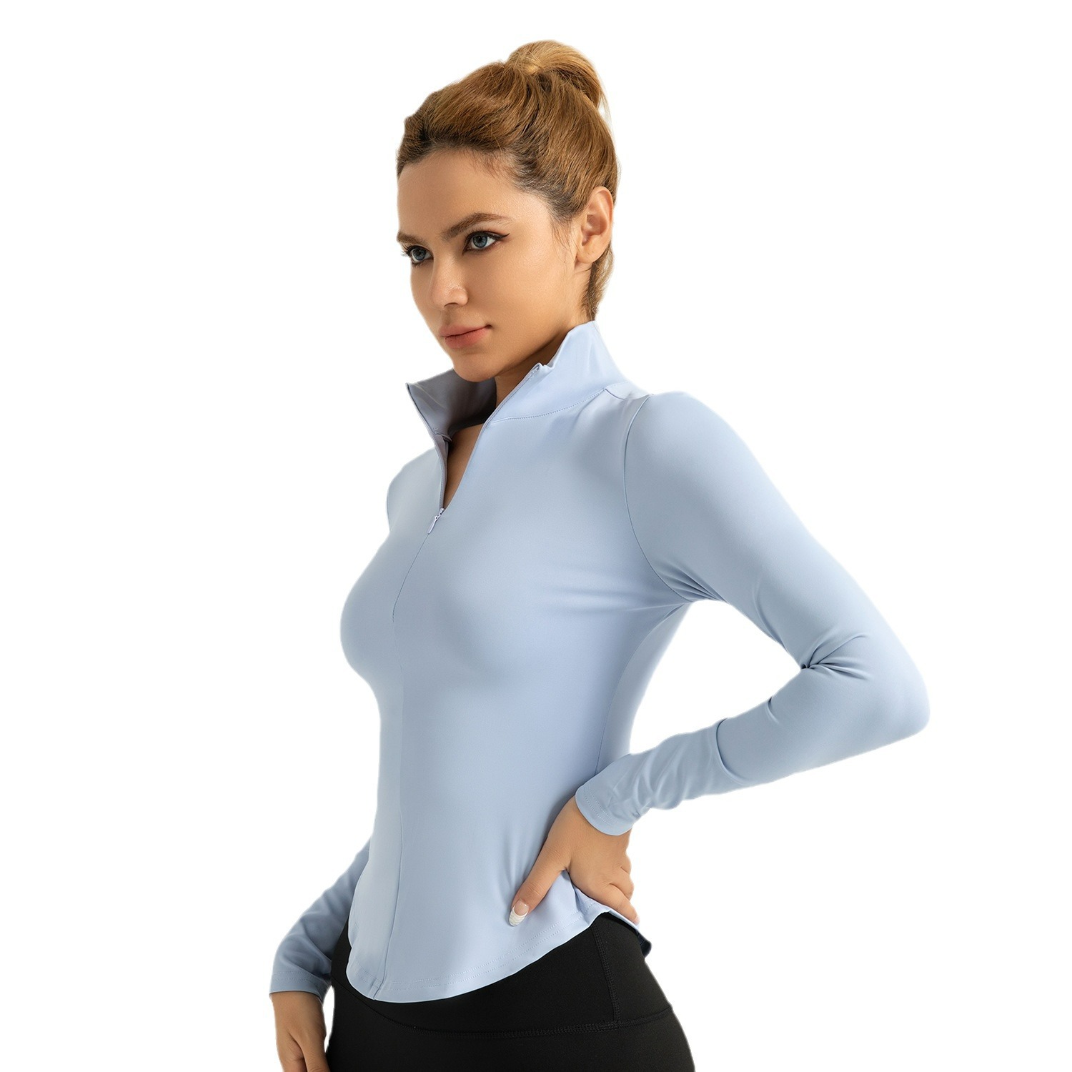 Área transfronteriza con cremallera protector solar, ropa de yoga desnuda, piel apretada, ropa deportiva transpirable, mujer