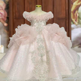 女童礼服2026新款重工儿童拖尾小主持人钢琴演出服粉色生日公主裙