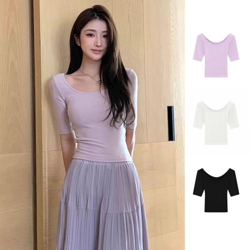 Super Feel Modal Cotton Pure Desire Purple Low-Neck Short-Sleeved T-Shirt Female Sexy Sexy Slimming Look Short Top