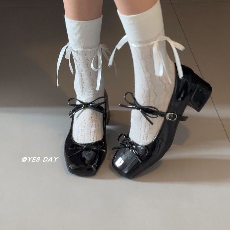 High-Heeled Bow-Knot Silver Square-Toe Mary Jane Shoes, Sweet and Versatile, Perfect for Layering in 2026, Suitable for Women Wearing Skirts