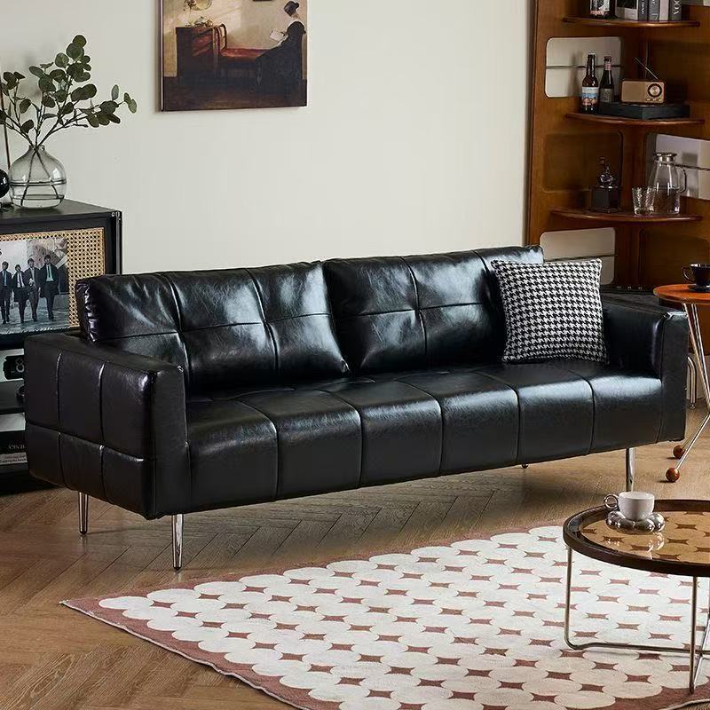 Sofa for small apartments, offices, and rental properties, long reclining lazy sofa in black oil wax leather, vintage living room sofa Sofa for small apartments, offices, and rental properties, long reclining lazy sofa in black oil wax leather, vintage living room sofa