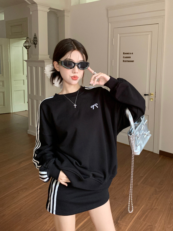 美式条纹撞色蝴蝶结宽松长袖运动风卫衣包臀半身短裙秋季两件套女|undefined