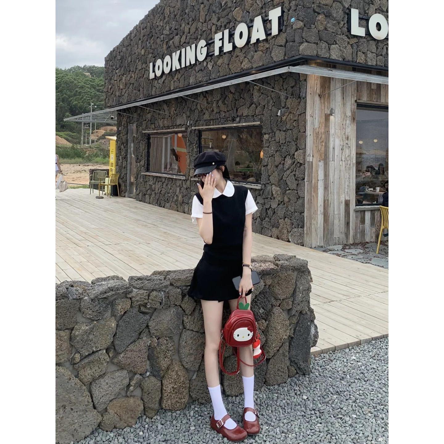 Three-Piece Set for Women 2025 Summer New Korean Preppy Style Knitted Vest Vest Doll Collar Shirt Skirt Trendy