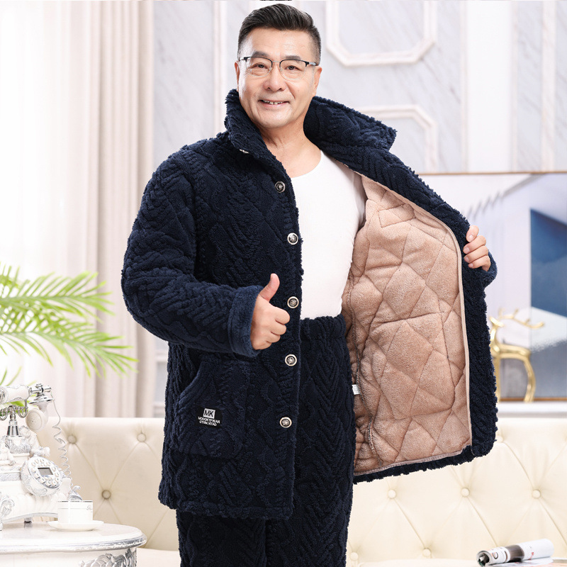 중장년층 파자마 여성 3겹 두꺼운 겨울 퀼팅 재킷 따뜻한 산호 털 남성 아빠 엄마 커플 홈 의류