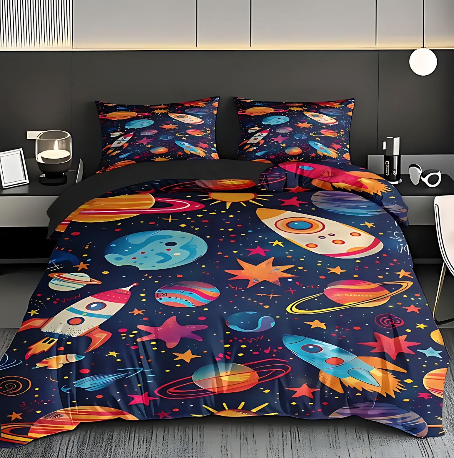 TEMU / JIT transfronterizo dibujos animados tema espacial impresión digital HD suave edredón transpirable kit de funda de almohada