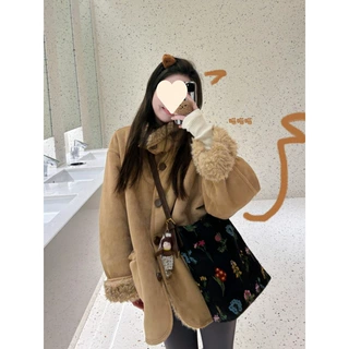 2026新款两面穿羊羔毛外套设计感女中长款加厚保暖大衣女咖色开衫