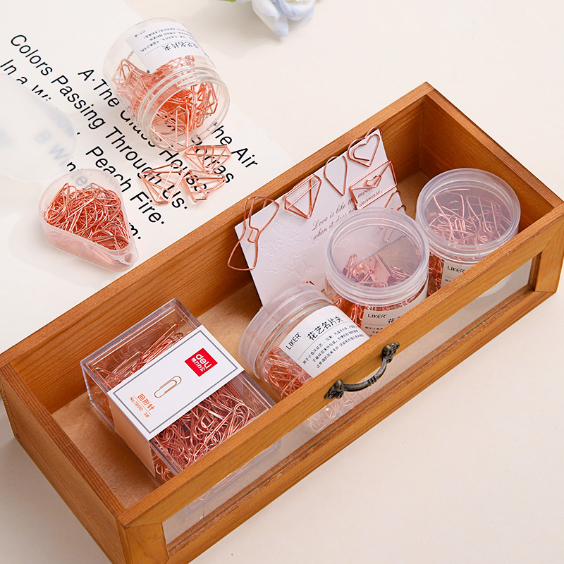 Clips de papel color oro rosa, clips de papel para marcapáginas, clips pequeños, bonitos y creativos, clips de papel metálicos con forma de palma de floristería, con forma de corazón.