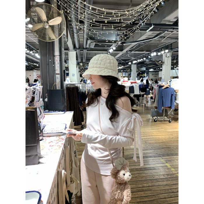 纯欲风辣妹斜肩条纹长袖T恤女早秋季修身显瘦绑带蝴蝶结露肩上衣|undefined