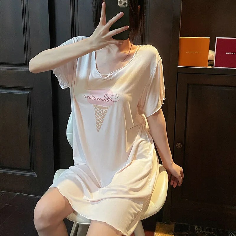 Pajamas women's summer short-sleeved women's summer thin chubby girl pregnant women's loose cartoon cute nightdress can be worn outside home wear