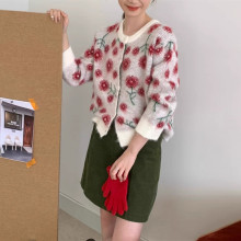 秋冬新款宽松显瘦圆领花朵印花针织开衫女韩系设计感百搭时尚上衣