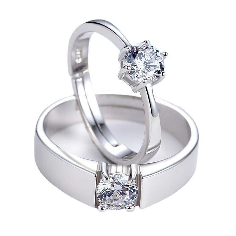 Silver-plated Four-prong Couple Ring Set Simulated Diamond Rings_voghion.com