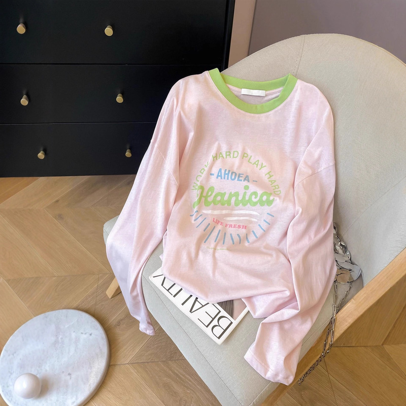 (Solona Collar) Extra Large Size 120kg Round Neck Color-Block Printed Long Sleeve T-Shirt for Women, Loose Casual Sun Protection Top (Solona Collar) Extra Large Size 120kg Round Neck Color-Block Printed Long Sleeve T-Shirt for Women, Loose Casual Sun Protection Top