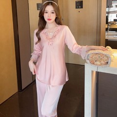 春と夏の秋のレースvネックのシルクのパジャマセットの家庭服の女性の裸感の肌の通気性の氷の糸の長袖のズボン