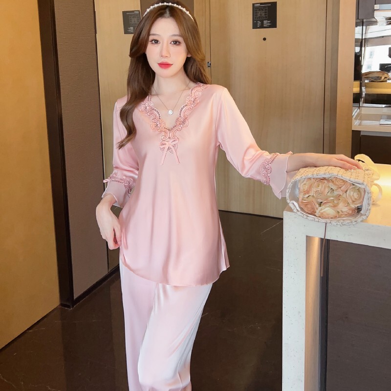 Spring, Summer and Autumn Lace V-Neck Silk Pajamas Set Home Wear Women's Nude Skin-Friendly Breathable Ice Silk Long-Sleeved Pants Spring, Summer and Autumn Lace V-Neck Silk Pajamas Set Home Wear Women's Nude Skin-Friendly Breathable Ice Silk Long-Sleeved Pants