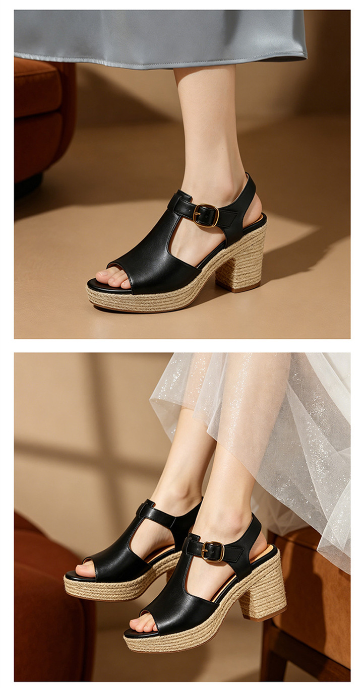 Sandal cao gót nữ hở mũi đế dày 8.5 cm quai chữ T phối đế cói vintage — đen chi tiết 8