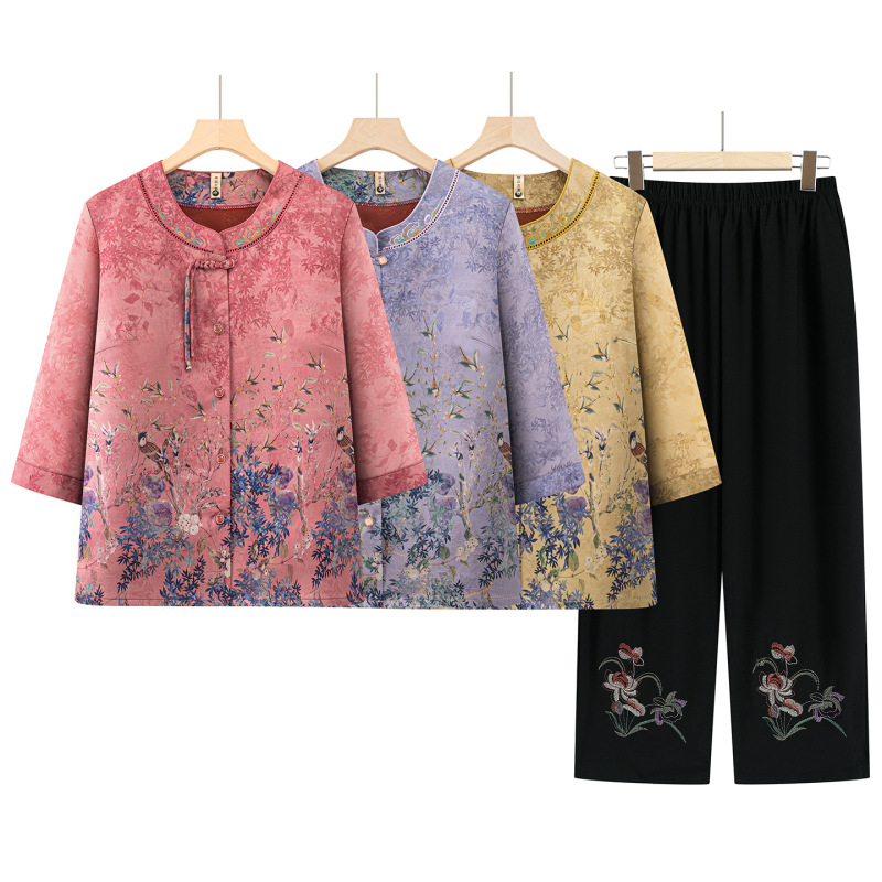 Summer Clothing for Middle-Aged and Elderly Women, Grandma-Style Three-Quarter Sleeve Shirt Set, Stylish Clothes for Elderly Ladies, Wedding Banquet Mom Outfit Shirt