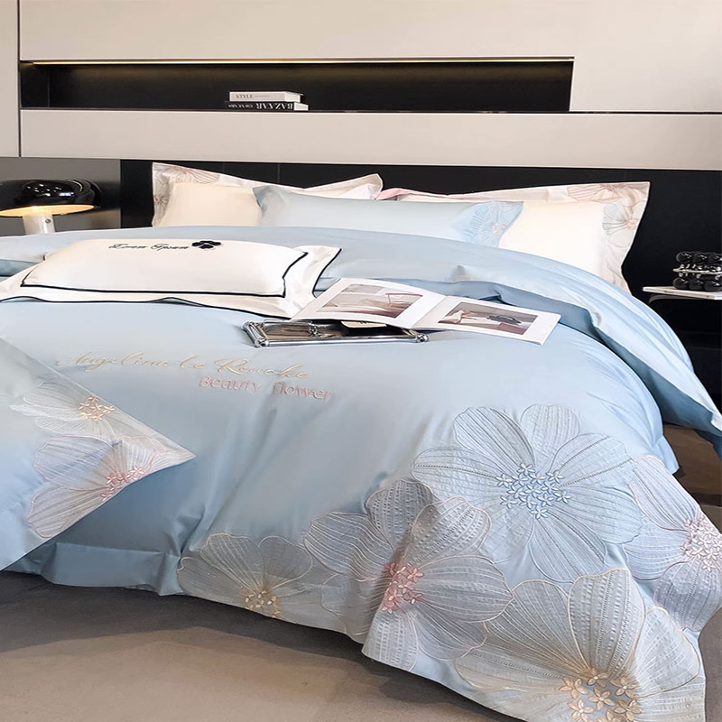 Cama de algodón de fibra larga de cuatro piezas 100 piezas de algodón puro, ropa de cama ligera de lujo de alta calidad, funda de edredón, ropa de cama bordada 4