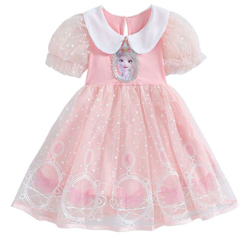 Girls Elsa Princess Dress 2024 Summer Dress Children's Frozen Style Mesh Dress Baby Short Sleeve Dress