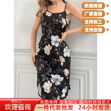 2025年新款夏季女士睡裙玫瑰数码印花休闲优雅型中长款吊带连衣裙