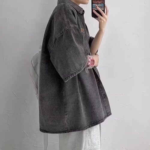 Slim-fit denim short-sleeve shirt for men, summer workwear open jacket, loose Korean-style trendy versatile top
