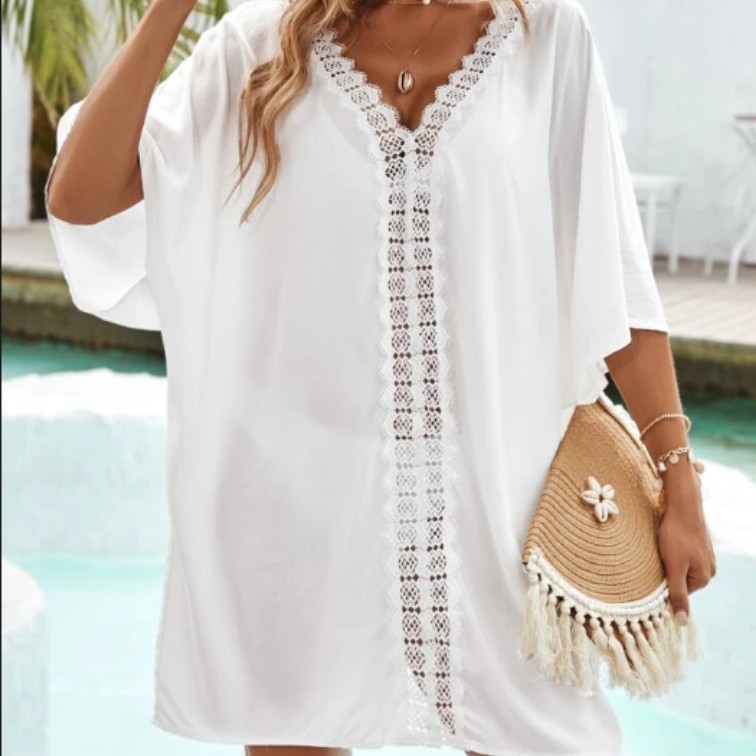 2025 cross-border europeas y estadounidenses ropa de mujer gancho de mano pura flor mosaico de playa suelta bikini camiseta vestido de mujer