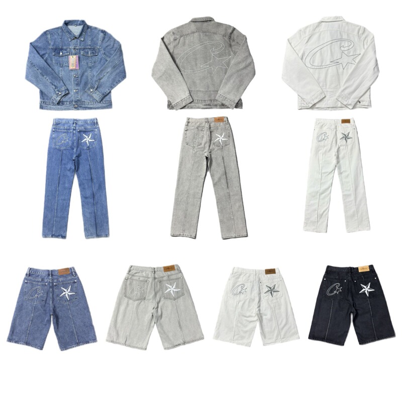 Cross-Cor Devil Jeans Set with Star Embroidery American High Street Vintage Distressed Casual Five-Point Jacket Cross-Cor Devil Jeans Set with Star Embroidery American High Street Vintage Distressed Casual Five-Point Jacket