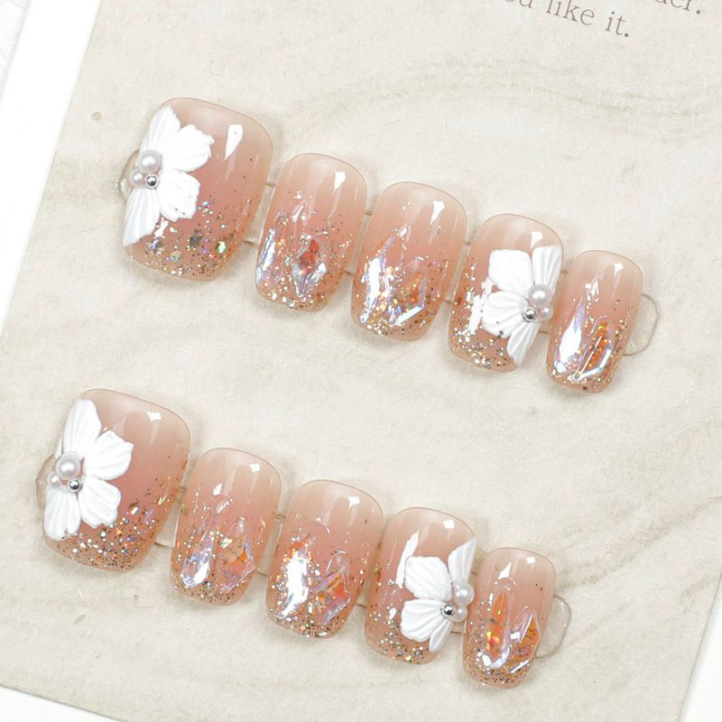 10 piezas para usar uñas de verano estereoscópica flor blush parche de uñas falsas cortas productos terminados