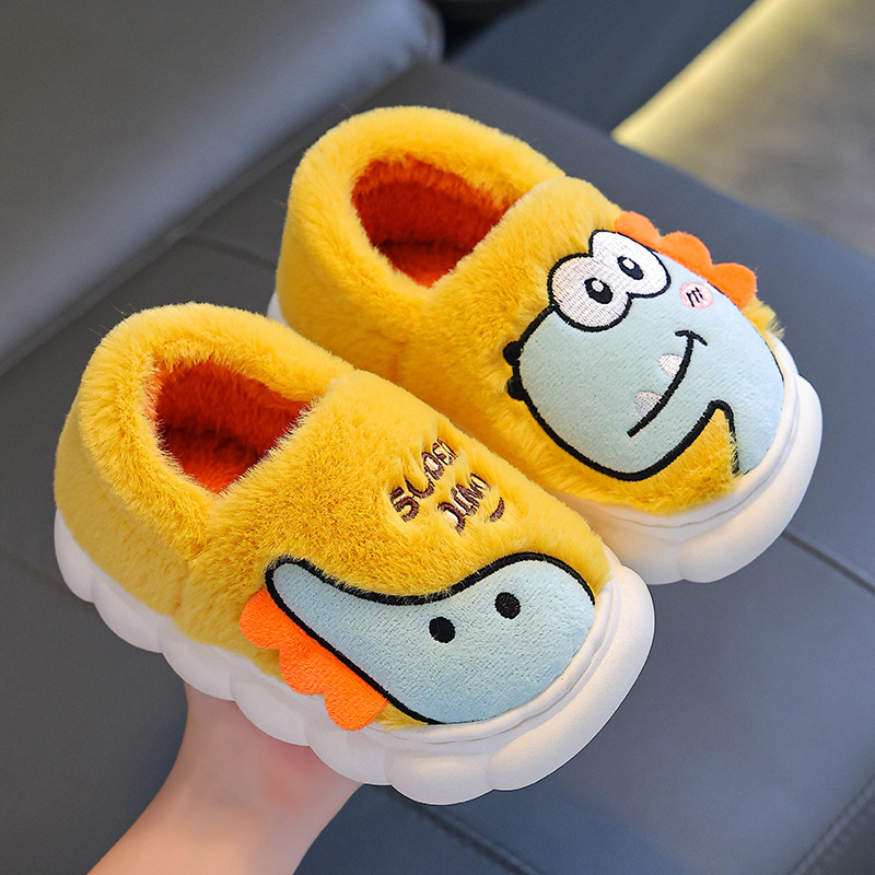 Bolsos de zapatos de algodón de invierno para niños, niños y niñas, zapatillas de algodón cálidas de dinosaurio de pelusa antideslizante para padres e hijos.