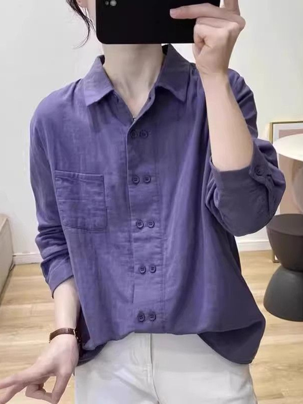 文艺复古双排扣棉麻长袖衬衫女春秋polo领上衣宽松设计感打底衬衣|undefined