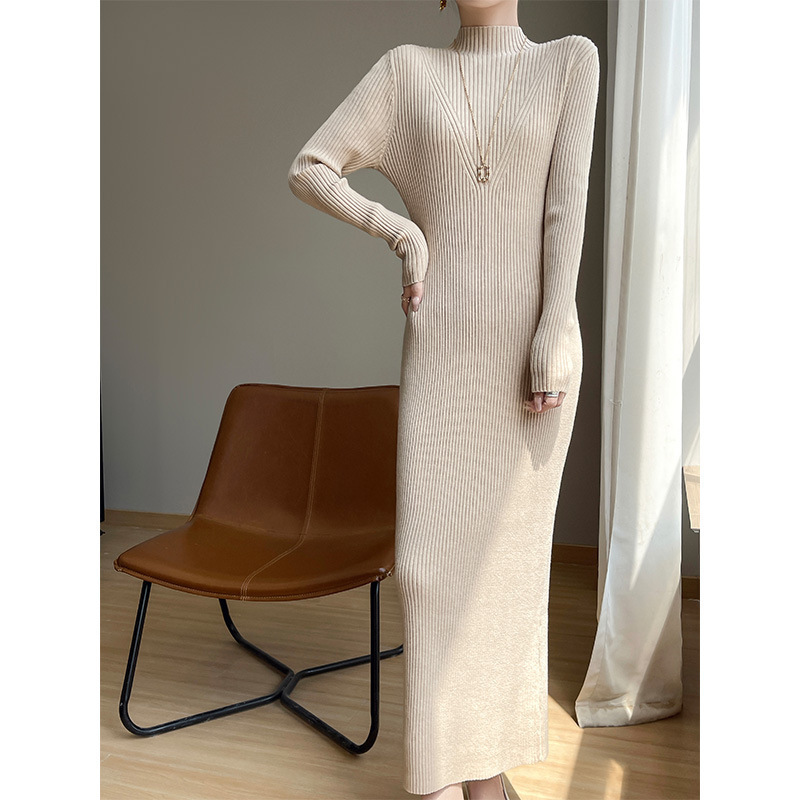 Women's Autumn and Winter Super Long Elegant Slim-Fit Bottoming dress Sweater with Half-turtleneck and Long Sleeve Knitted Sweater