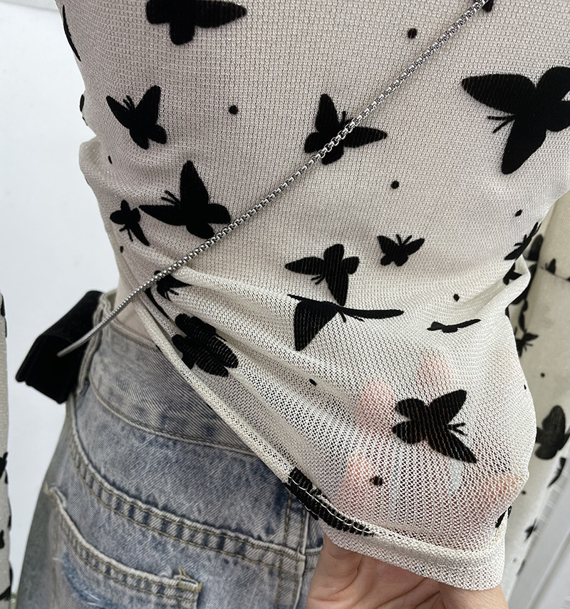 Sexy Butterfly Flocking Shiny Mesh Long Sleeve T shirt Large Bell Sleeve Short Slim Top