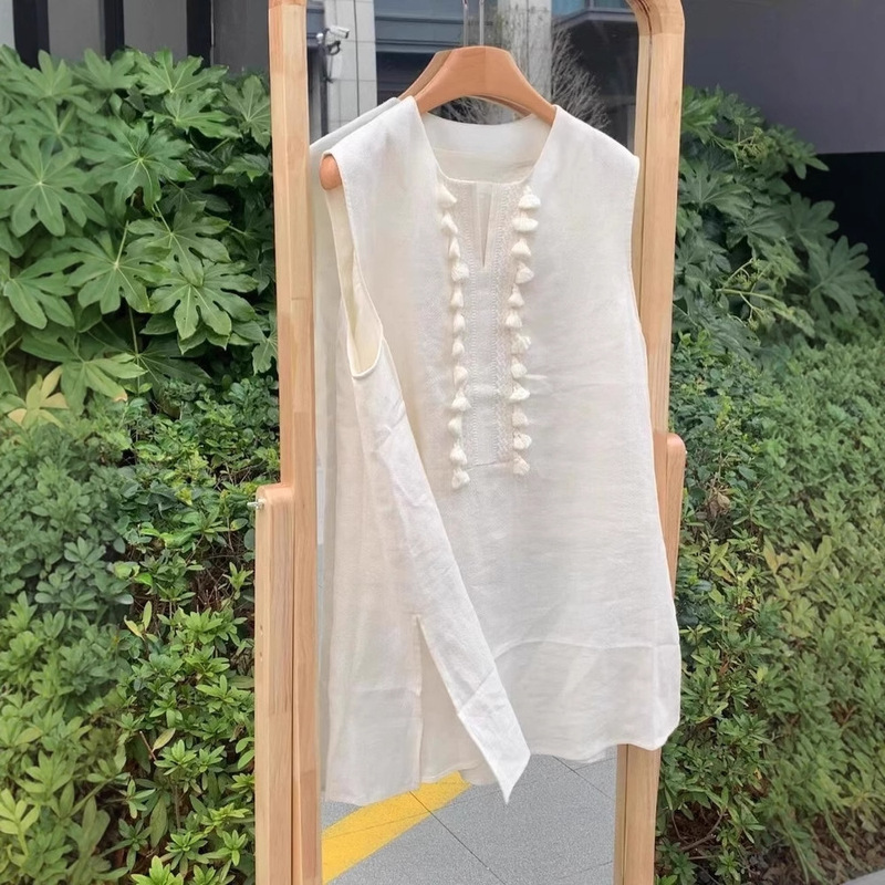 [Same Style in Shopping Malls] European Linen Vest for Women 2025 New Mid-Length Unique Tassel Sleeveless Shirt Summer
