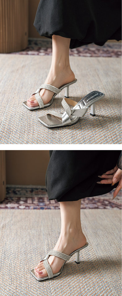Dép sandal nữ quai ngang mũi vuông hở ngón đính đá hình rắn, gót cao 6–8 cm — Màu bạc, Màu hồng nhạt, Màu trắng ngà chi tiết 11