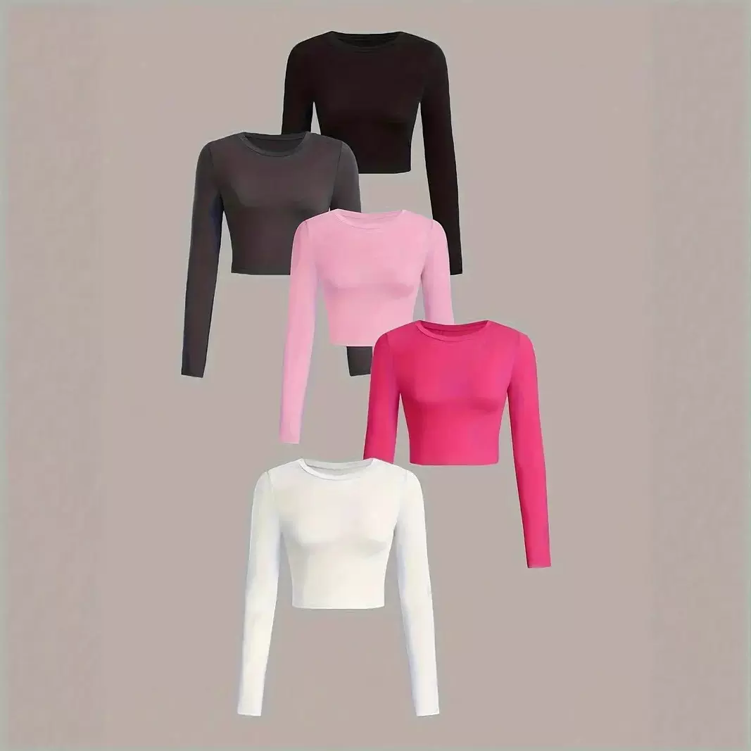 跨境亚马逊爆款女士秋冬款圆领短露肚脐长袖T恤全码全色厂家直批