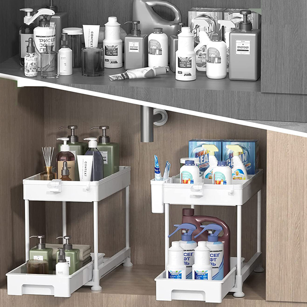 Double-layer floor-standing pull-out sink storage rack household cabinet kitchen multi-functional seasoning storage rack drawer-style storage